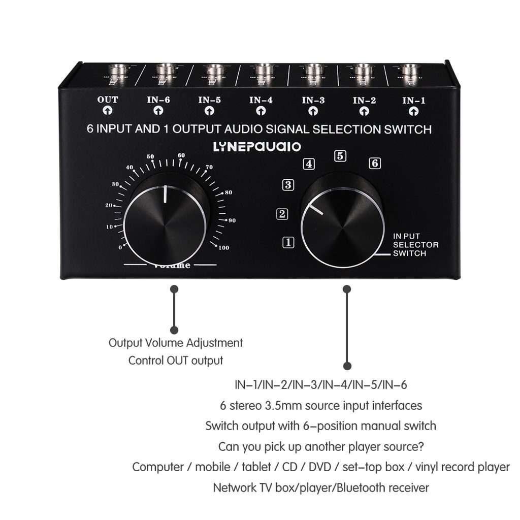B017 6 Input 1 Output Audio Signal Selection Switcher Output Volume Adjustment Control 3.5mm Inter