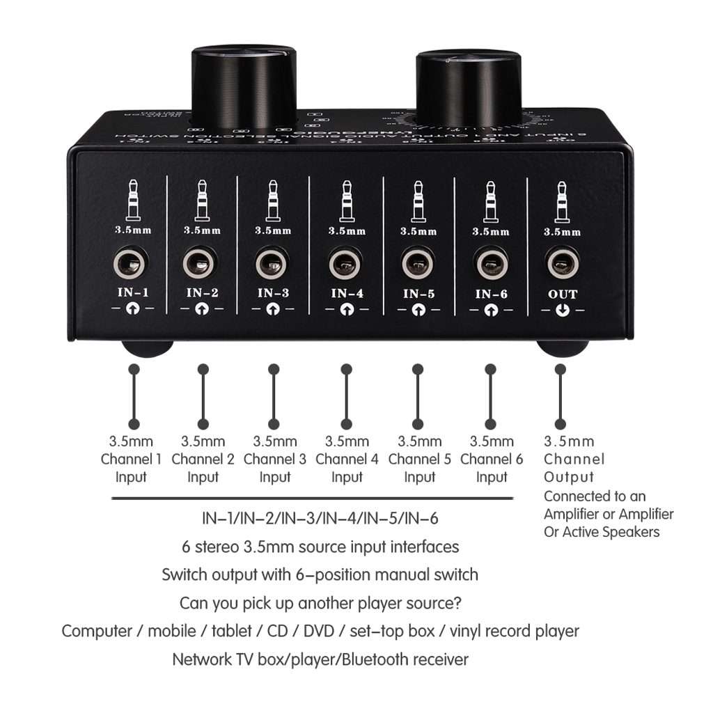B017 6 Input 1 Output Audio Signal Selection Switcher Output Volume Adjustment Control 3.5mm Inter