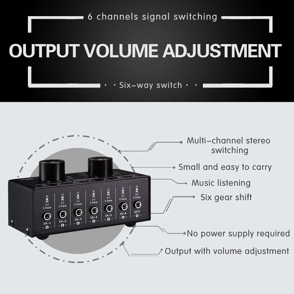 B017 6 Input 1 Output Audio Signal Selection Switcher Output Volume Adjustment Control 3.5mm Inter