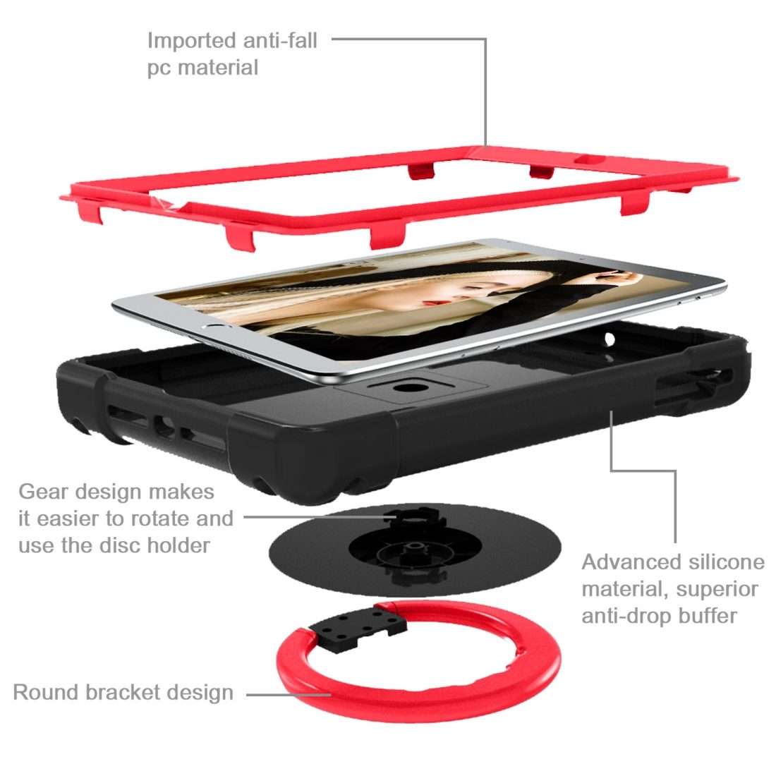 For iPad Air/Air2/Pro9.7 EVA + PC Flat Protective Shell with 360  Rotating Bracket(Black+Red)