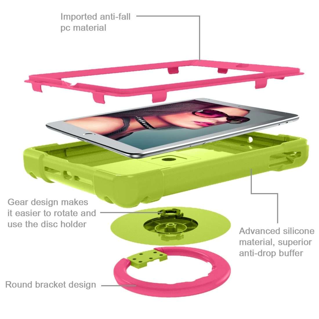 For iPad Air/Air2/Pro9.7 EVA + PC Flat Protective Shell with 360  Rot ... (Grass Green+Rose Red)