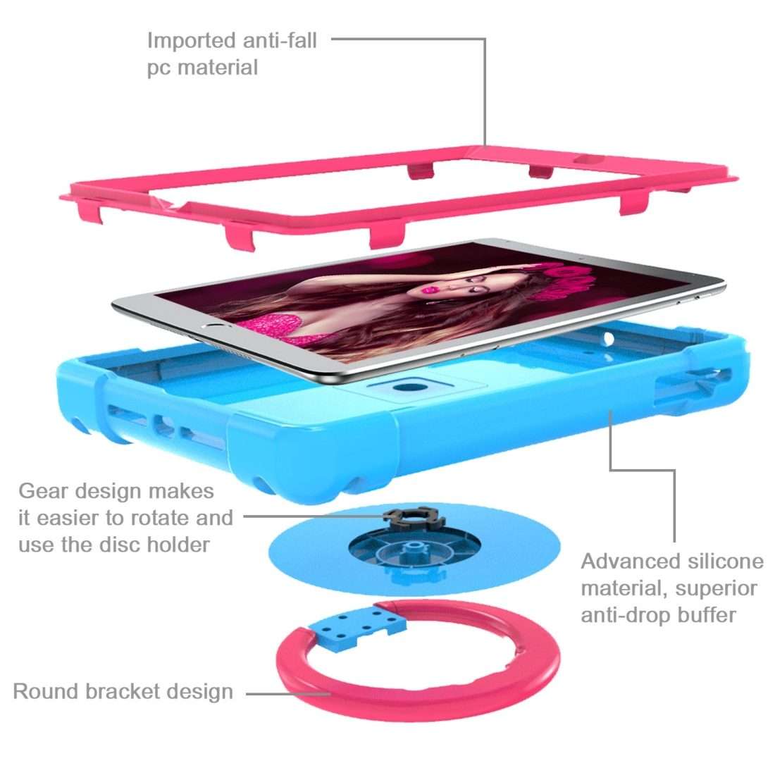 For iPad Air/Air2/Pro9.7 EVA + PC Flat Protective Shell with 360  Rotating B ... (Blue+Rose Red)