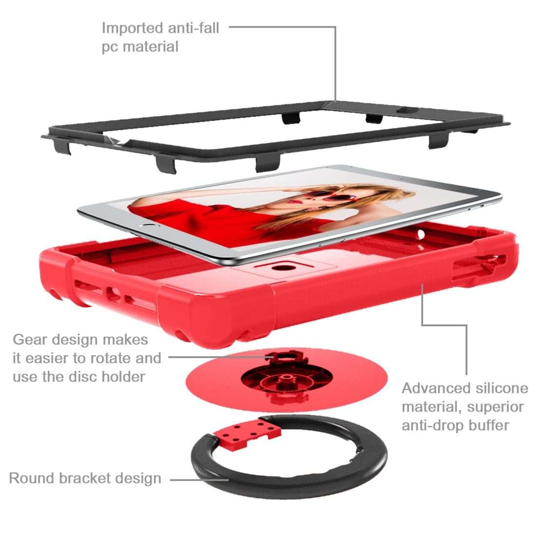 For iPad Air/Air2/Pro9.7 EVA + PC Flat Protective Shell with 360  Rotating Bracket(Red+Black)