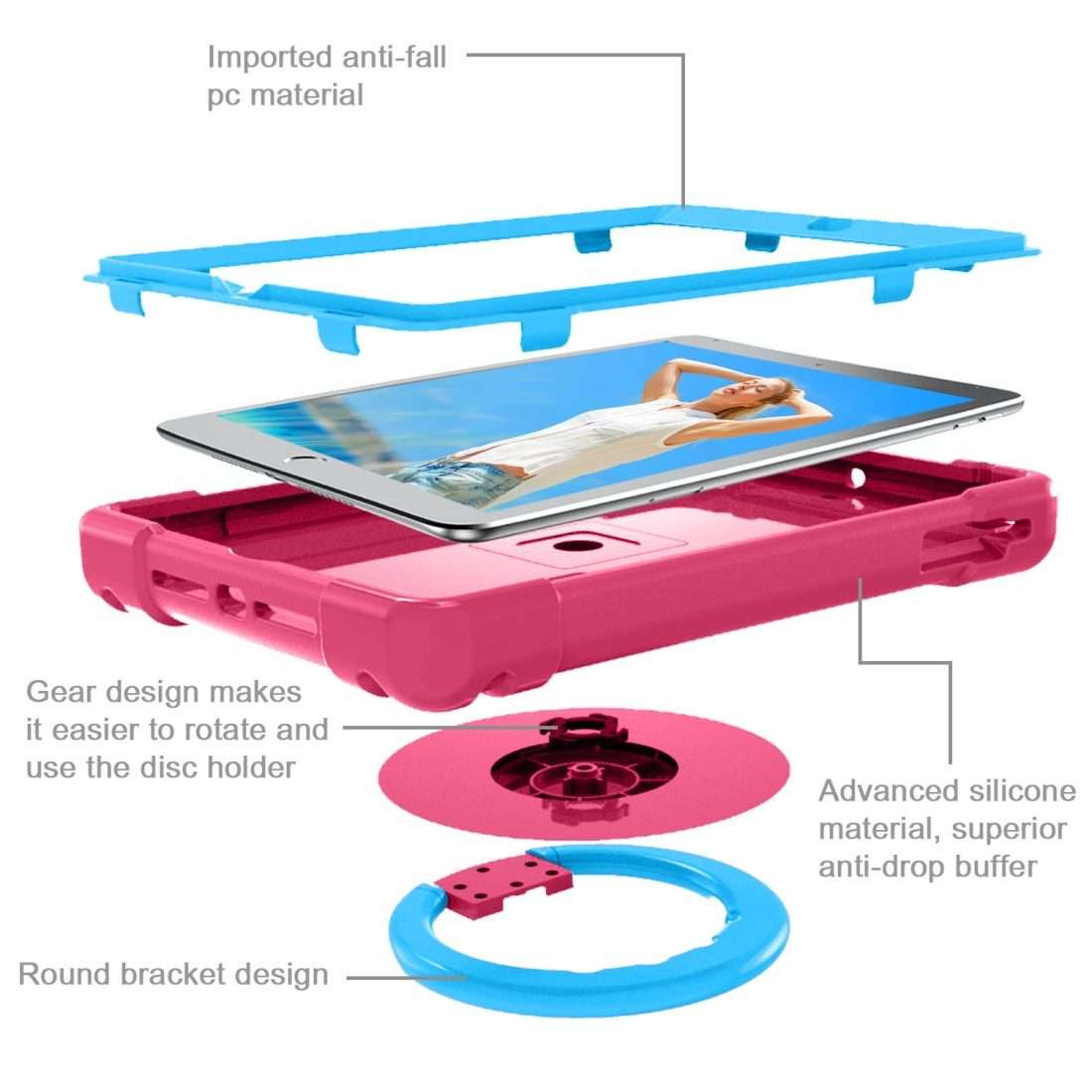 For iPad Air/Air2/Pro9.7 EVA + PC Flat Protective Shell with 360  Rotating B ... (Rose Red+Blue)