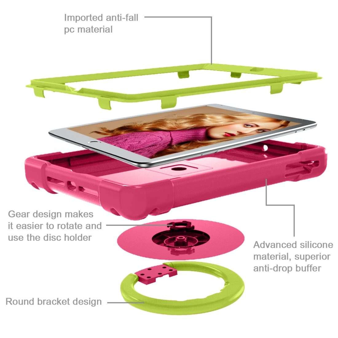 For iPad Air/Air2/Pro9.7 EVA + PC Flat Protective Shell with 360  Rot ... (Rose Red+Grass Green)