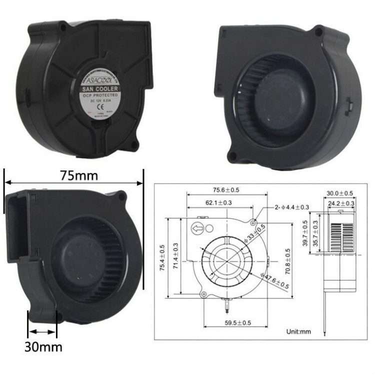 ASIACOOL Silent Turbo Blower Fan, Specification:7530 12V