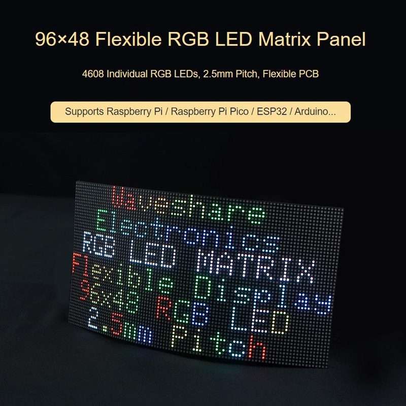 Waveshare Flexible RGB Full-color LED Matrix Panel, 2.5mm Pitch, 96x48 Pixels, Adjustable Brightne