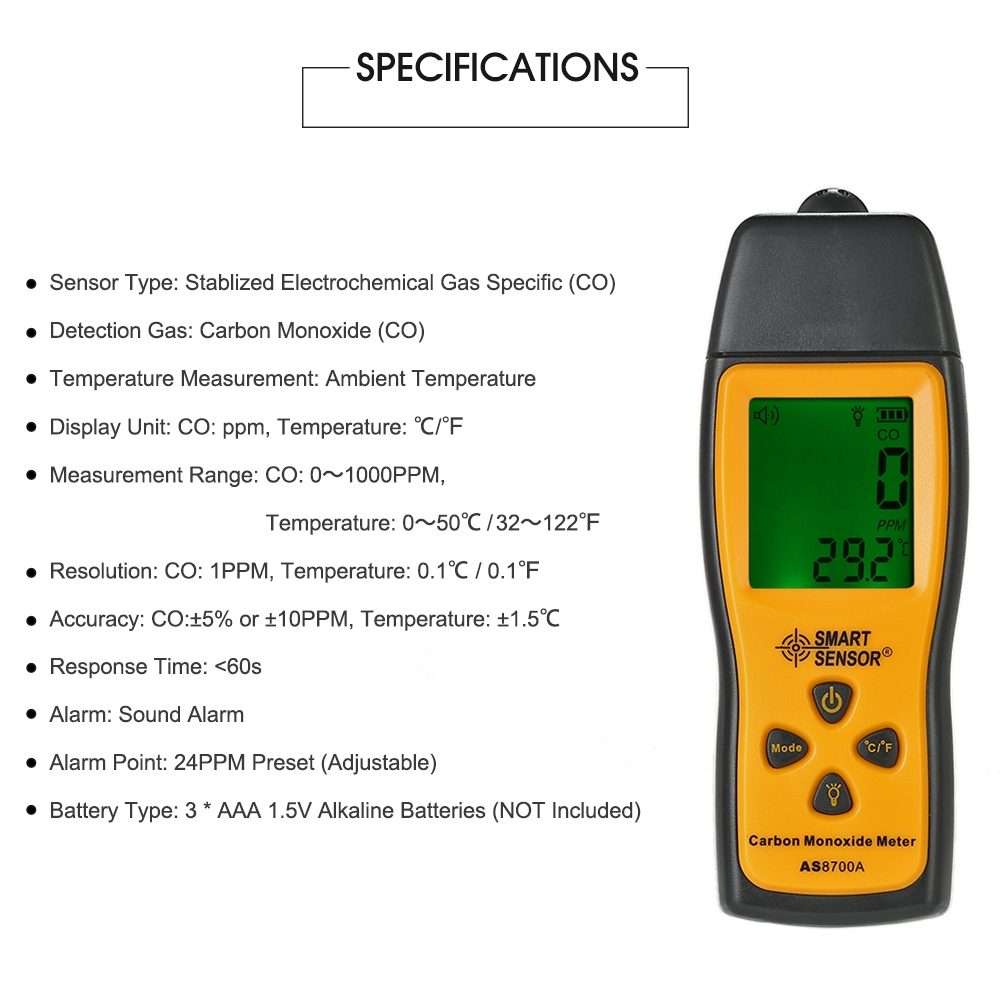 Smart Sensor AS8700A Handheld Carbon Monoxide Meter High Precision Digital CO Leak Detector Analyz