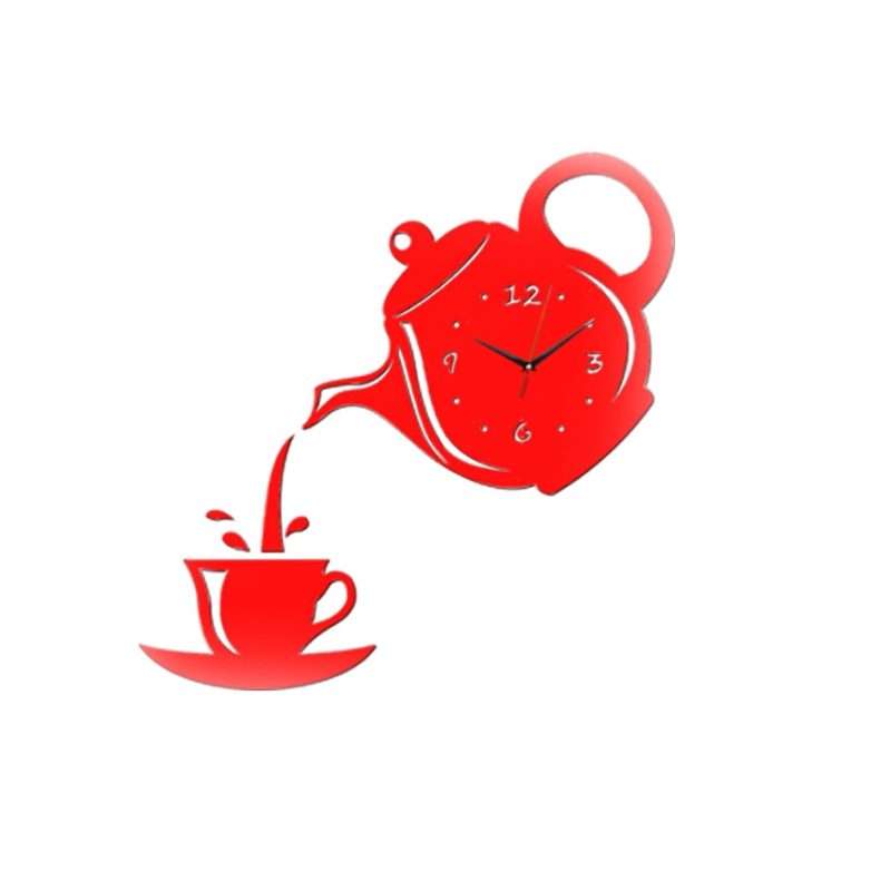 Creative DIY Acrylic Coffee Cup Teapot 3D Wall Clock Decorative Kitchen Wall Clocks Livi ... (Red)