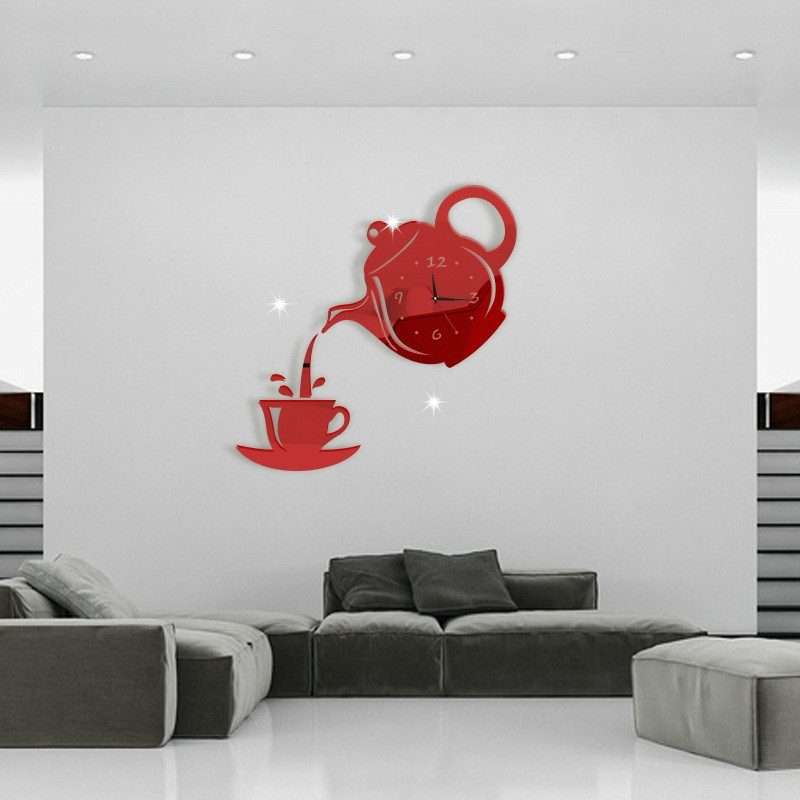 Creative DIY Acrylic Coffee Cup Teapot 3D Wall Clock Decorative Kitchen Wall Clocks Livi ... (Red)