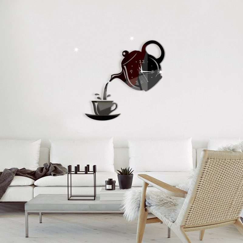 Creative DIY Acrylic Coffee Cup Teapot 3D Wall Clock Decorative Kitchen Wall Clocks Li ... (Black)