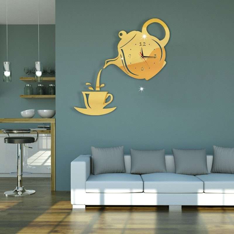 Creative DIY Acrylic Coffee Cup Teapot 3D Wall Clock Decorative Kitchen Wall Clocks Liv ... (Gold)