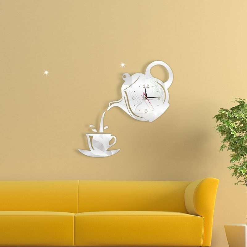 Creative DIY Acrylic Coffee Cup Teapot 3D Wall Clock Decorative Kitchen Wall Clocks L ... (Silver)