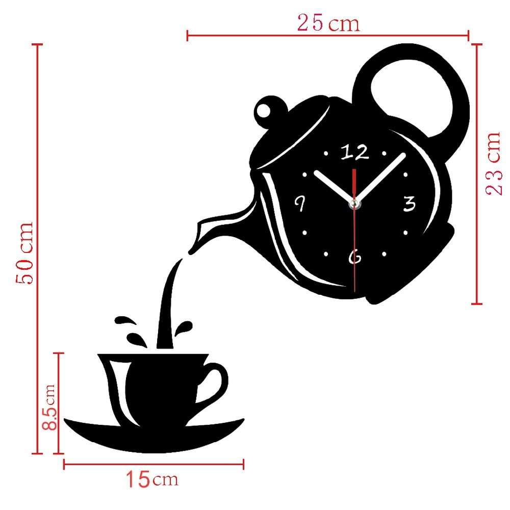 Creative DIY Acrylic Coffee Cup Teapot 3D Wall Clock Decorative Kitchen Wall Clocks L ... (Silver)
