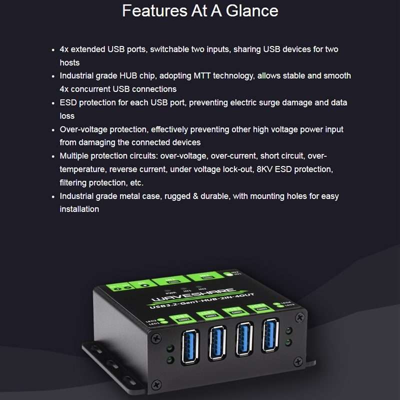 Waveshare 23929 USB HUB, Extending 4 X USB 3.2 Ports, Switchable Dual Hosts, Multi Protections