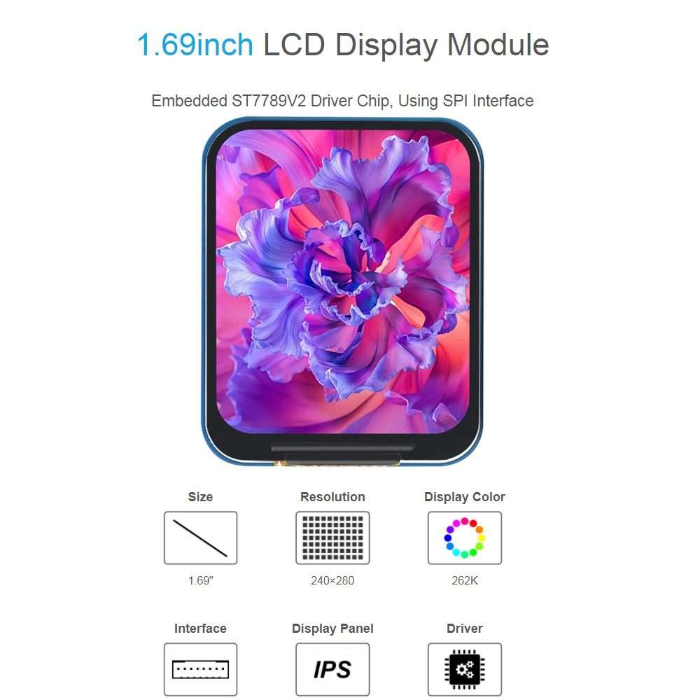 Waveshare 1.69 Inch 240280 Resolution IPS LCD Display Module With SPI Interface
