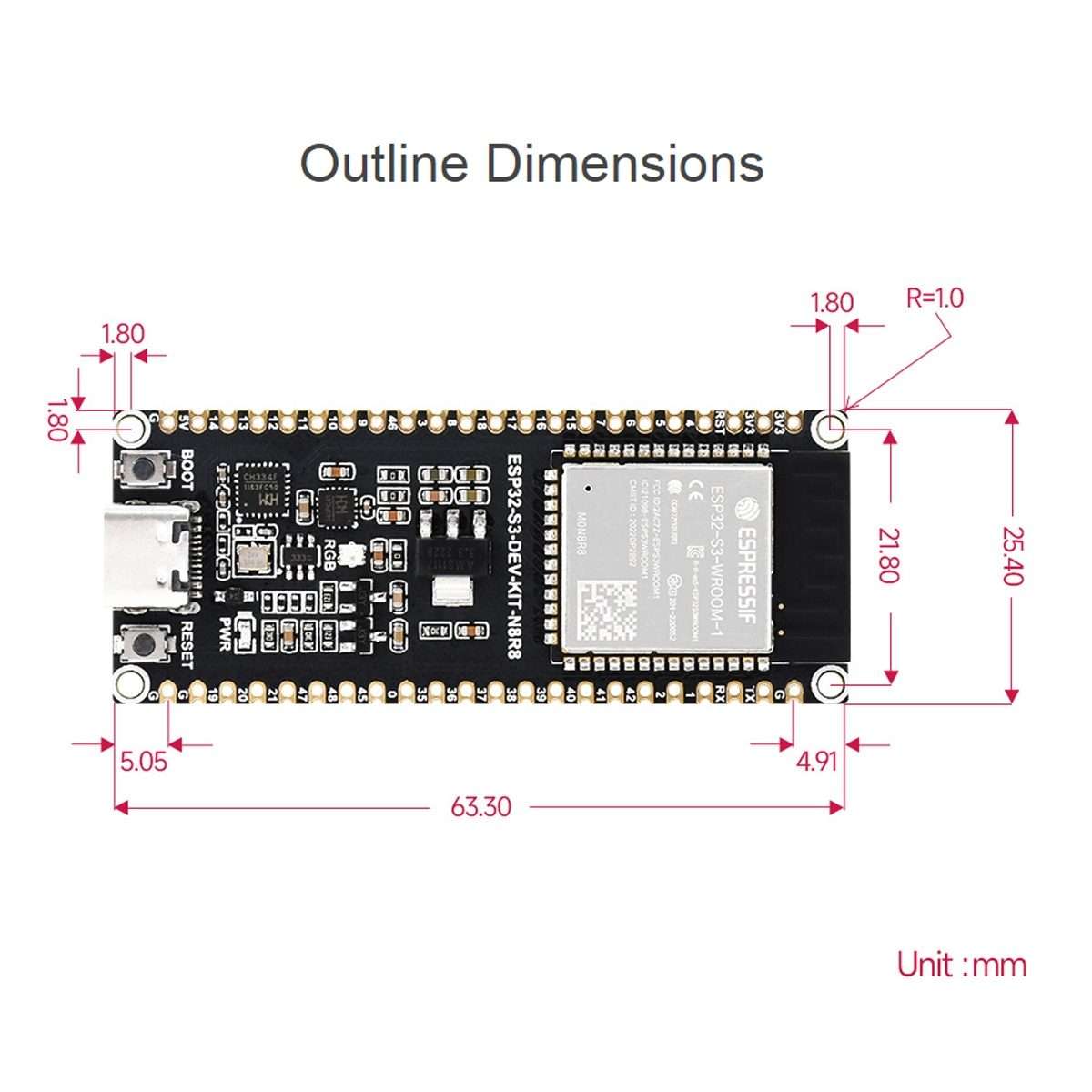 Waveshare ESP32-S3 Microcontroller 2.4GHz Wi-Fi Development Board ESP32-S3-WROOM-1-N8R8 Module Sta