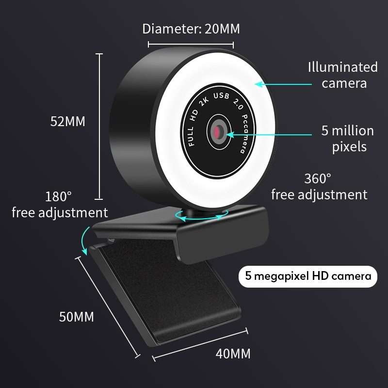 A9mini USB Drive-Free HD Fill Light Camera with Microphone, Pixel: 5.0 Million Pixels 2K Auto Focu