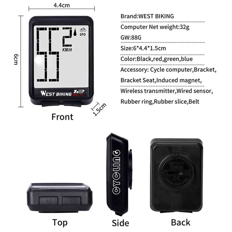 WEST BIKING Mountain Road Bike Wireless Big Character Table Big Screen Waterproof Night ... (Red)