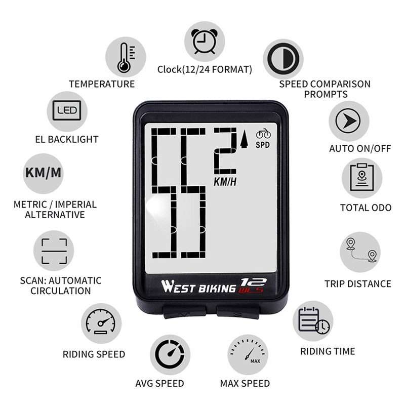 WEST BIKING Mountain Road Bike Wireless Big Character Table Big Screen Waterproof Night ... (Red)