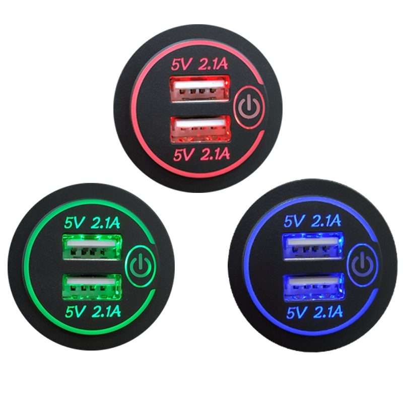 Car Motorcycle Modified Charger Double Aperture 4.2A With Touch Switch USB Car Charge(Blue Light)
