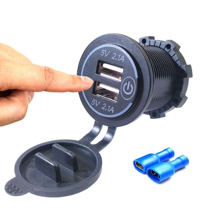 Car Motorcycle Modified Charger Double Aperture 4.2A With Touch Switch USB Car Charge(Green Light)