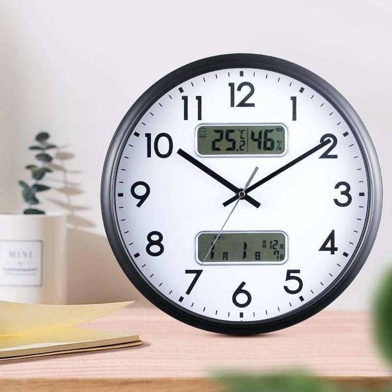 13 Inch Dual-screen LED Display Wall Clock Living Room Temperature And Humidity Calend ... (Black)