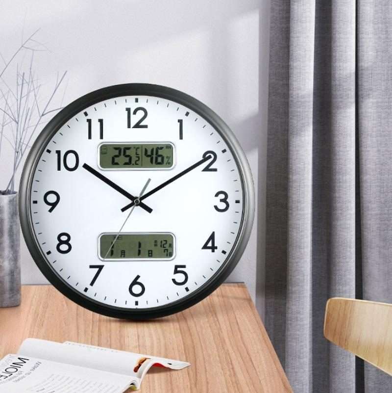 13 Inch Dual-screen LED Display Wall Clock Living Room Temperature And Humidity Calend ... (Black)