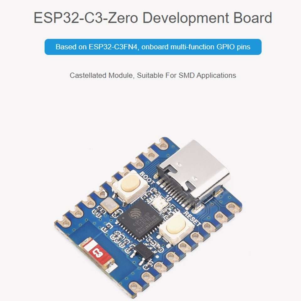 Waveshare 2.4GHz ESP32-C3 Mini Development Board, Based ESP32-C3FN4 Single-core Processor without