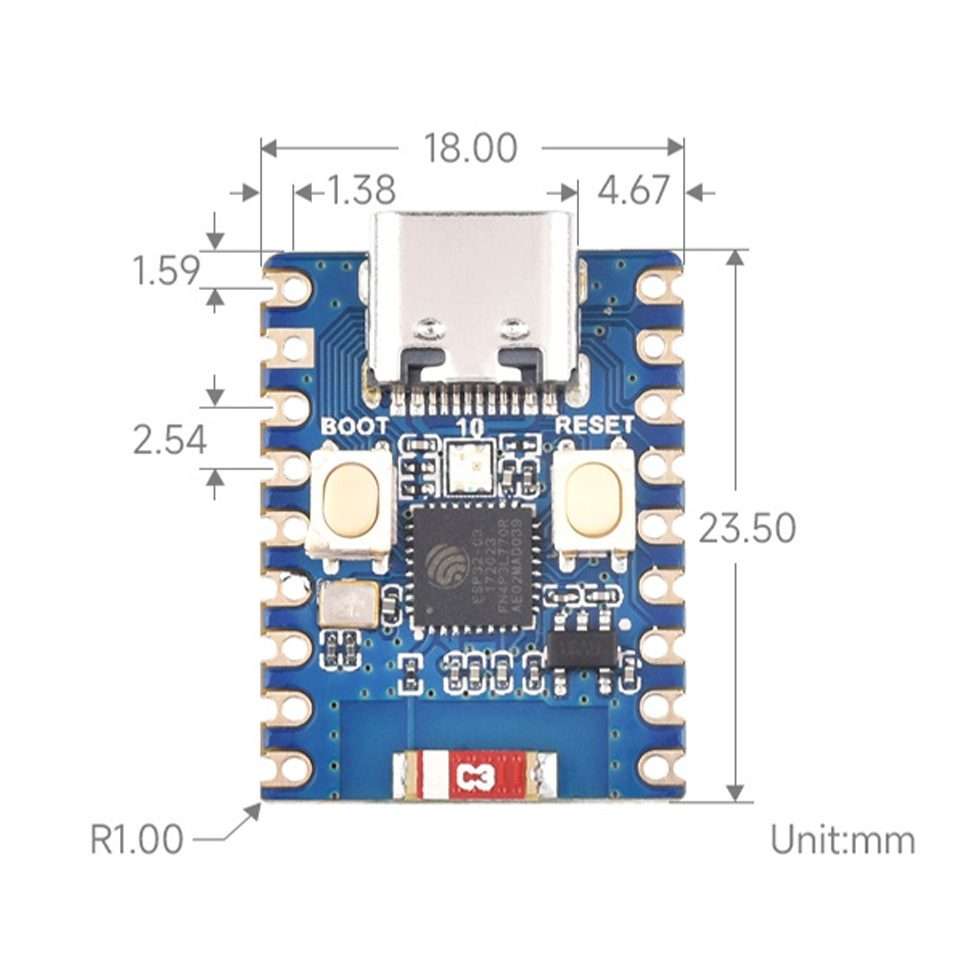 Waveshare 2.4GHz ESP32-C3 Mini Development Board, Based ESP32-C3FN4 Single-core Pr ... with Header