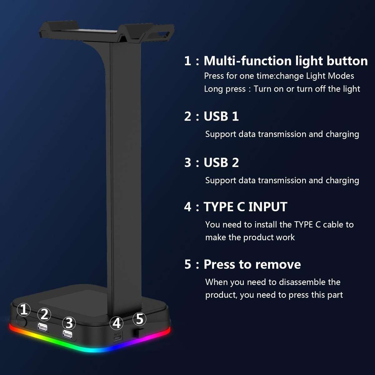 RGBD9 RGB Headset Stand Color-Changing Gaming Headset Stand Gaming Headset Display Sta ... (Black)