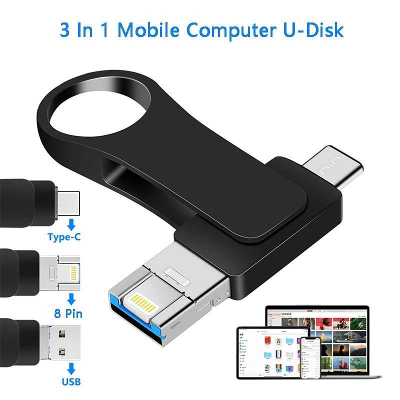 16GB USB 3.0 + 8 Pin + USB-C / Type-C 3 in 1 Mobile Computer Metal U-Disk(Silver)
