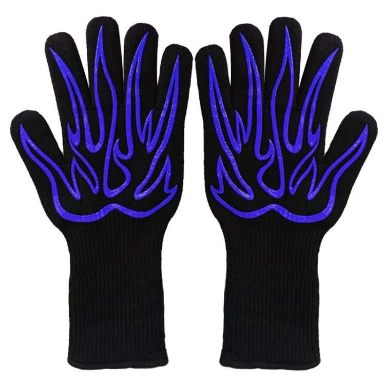 1 Pair High Temperature Resistant Silicone BBQ Gloves Anti-Scalding Gloves(Big Flame Blue)