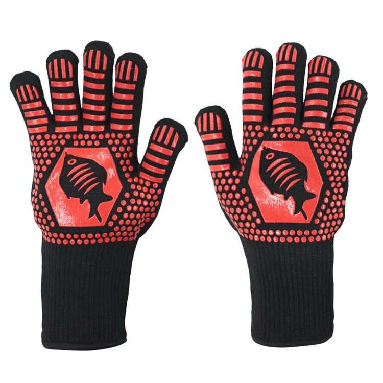 1 Pair High Temperature Resistant Silicone BBQ Gloves Anti-Scalding Gloves(Fish Bone Red)