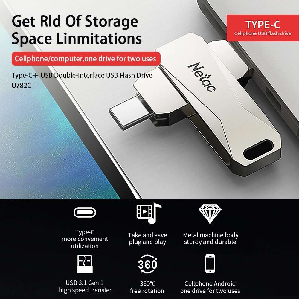 Netac U782C Type-C Dual Interface High-Speed Metal Computer USB Flash Drive, Capacity: 128GB