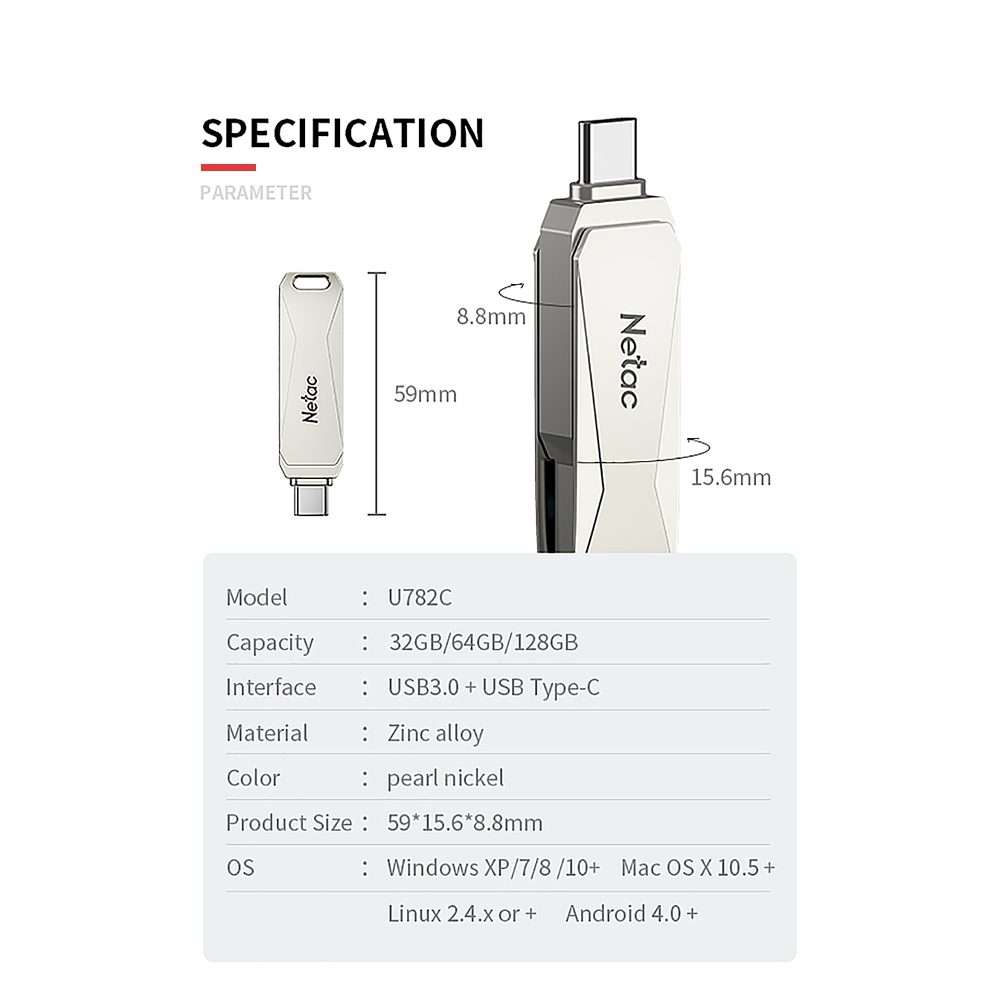 Netac U782C Type-C Dual Interface High-Speed Metal Computer USB Flash Drive, Capacity: 128GB