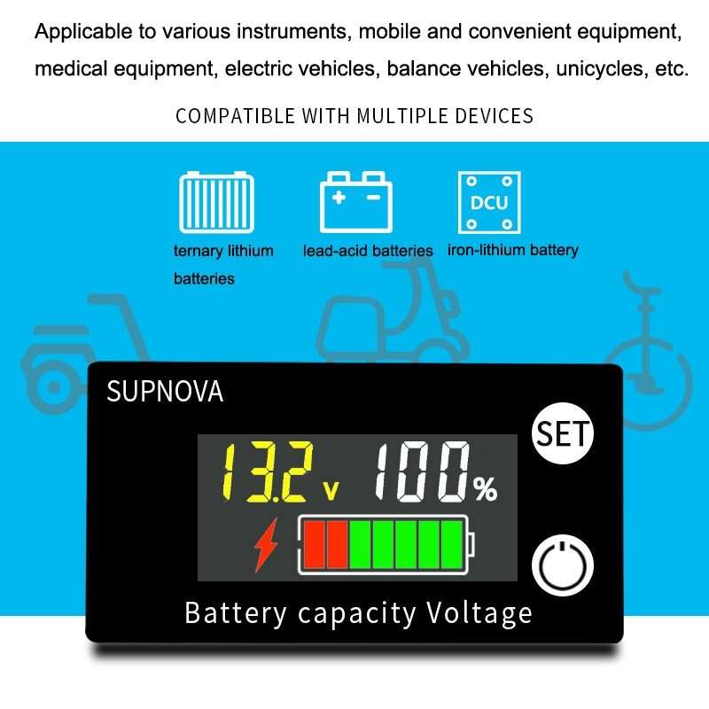 SUPNOVA LCD Color Screen DC Voltmeter Lithium Storage Battery Meter, Style: Alarm + Temperature Ty