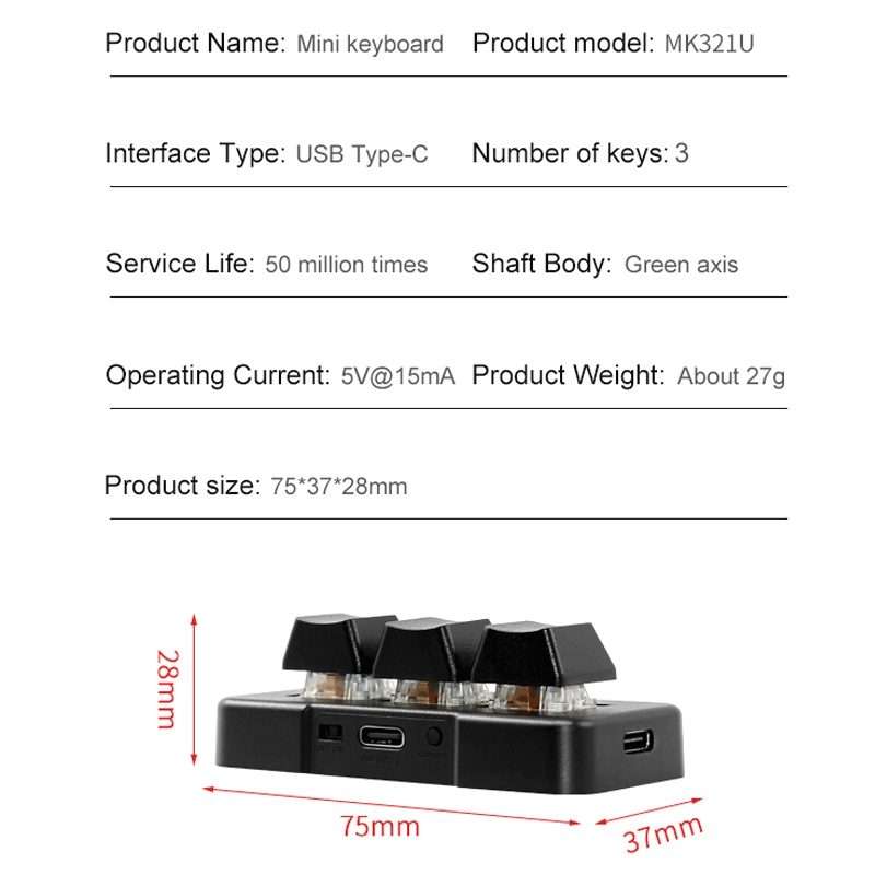 MK321 3 Keys Custom Keys Game Office PS Clip Macro Programming Keypad, Cable Length: 1.5m(Black)