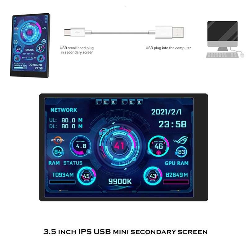 3.5 Inch IPS View All Computer Monitor USB Chassis Vice Screen Set 1 (White)