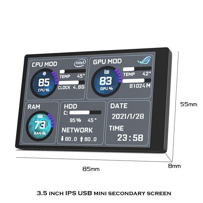 3.5 Inch IPS View All Computer Monitor USB Chassis Vice Screen Set 2 (Black)