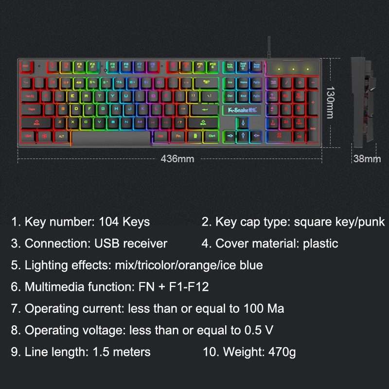 K-Snake K4 104 Keys Glowing Game Wired Mechanical Feel Keyboard, Cable Length: 1.5m, Style: Mixed