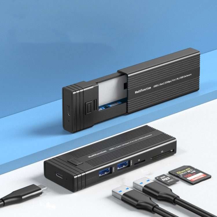 M.2 NVME SATA SSD Enclosure Adapter With 4 In 1 Hub USB 3.2 Gen 2 10Gbps HDD Adapter S ... (Black)
