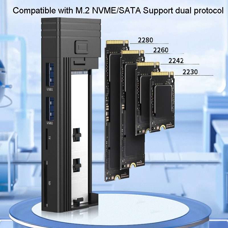 M.2 NVME SATA SSD Enclosure Adapter With 4 In 1 Hub USB 3.2 Gen 2 10Gbps HDD Adapter S ... (Black)