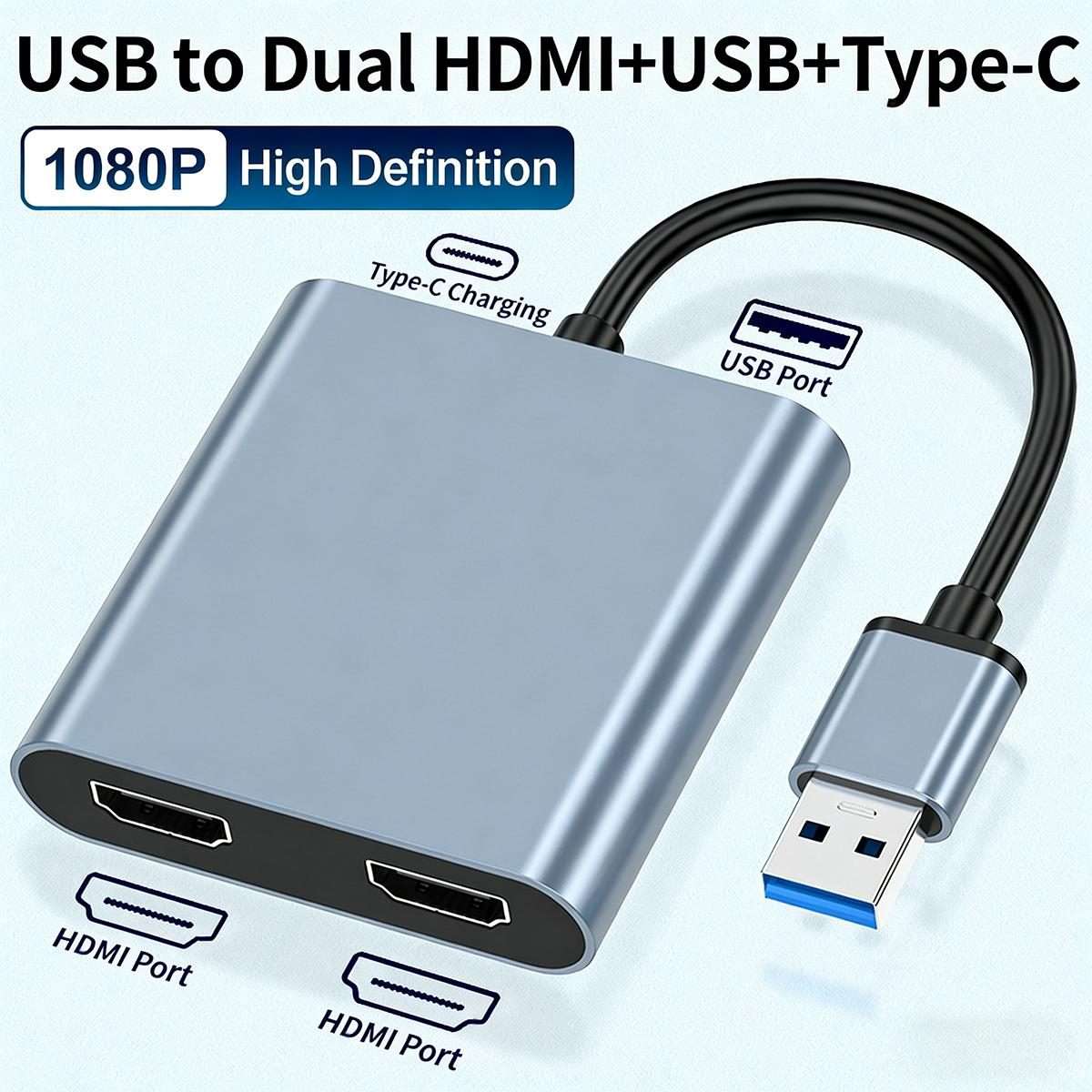 USB 3.0 To Dual HDMI, USB, USB-C / Type-C High Definition Converter 4K USB Same Screen ... (Grey)