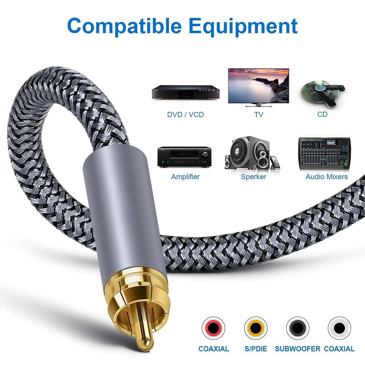 5m Pure Copper RCA Coaxial HIFI Digital Audio Cable SPDIF Subwoofer Speaker Cable(Silver Gray)