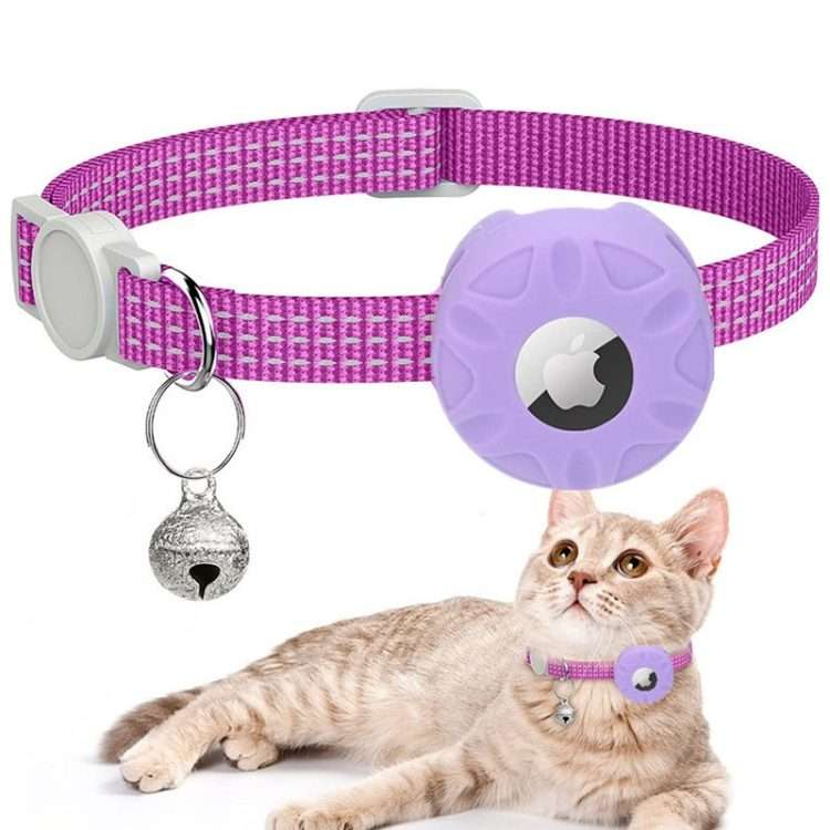 For AirTag 2nd Gen / AirTag 1st Gen Tracker Silicone Case Reflective Pet Cat Collar W ... (Purple)