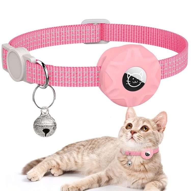 For AirTag 2nd Gen / AirTag 1st Gen Tracker Silicone Case Reflective Pet Cat Collar Wit ... (Pink)