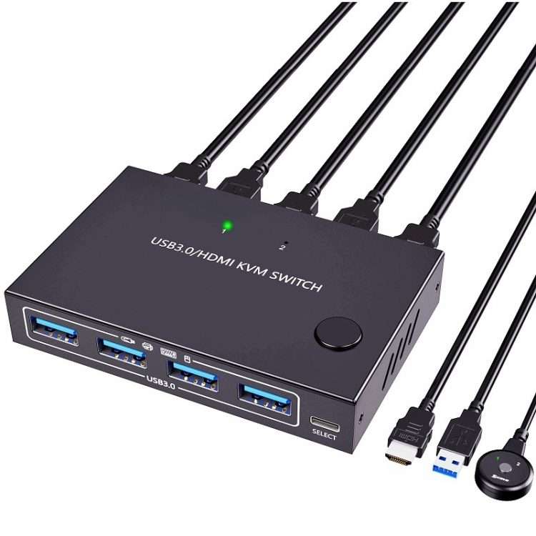 KC-KVM201A 2 In 1 Out 4K 60HZ HDMI KVM Switching USB3.0 Shared Computer Shaped Printer ... (Black)