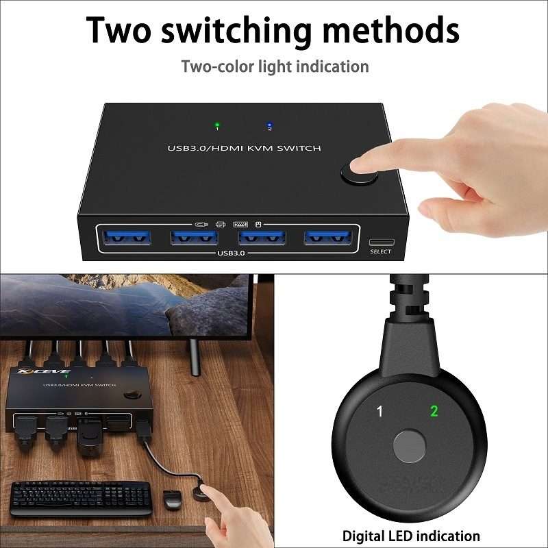 KC-KVM201A 2 In 1 Out 4K 60HZ HDMI KVM Switching USB3.0 Shared Computer Shaped Printer ... (Black)