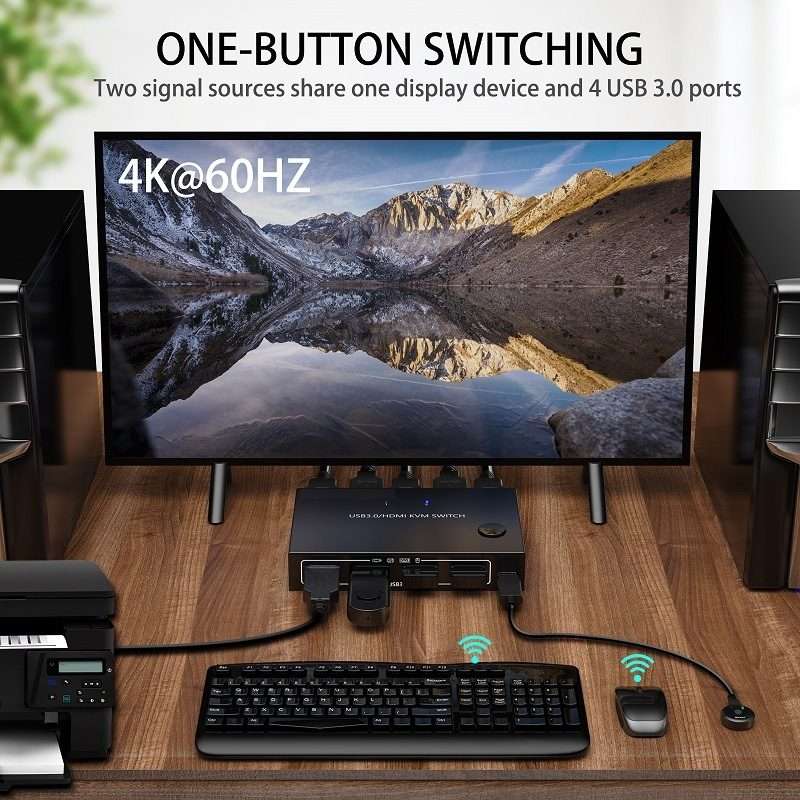 KC-KVM201A 2 In 1 Out 4K 60HZ HDMI KVM Switching USB3.0 Shared Computer Shaped Printer ... (Black)